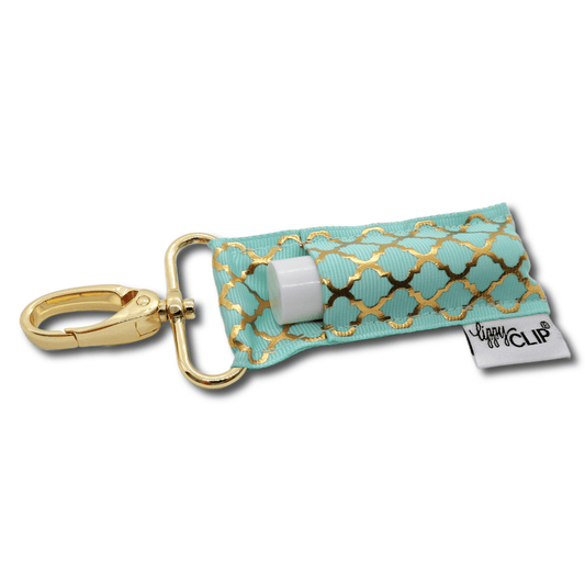 Gold Quatrefoil on Aqua LippyClip® Lip Balm Holder - Faith on the Road Tees