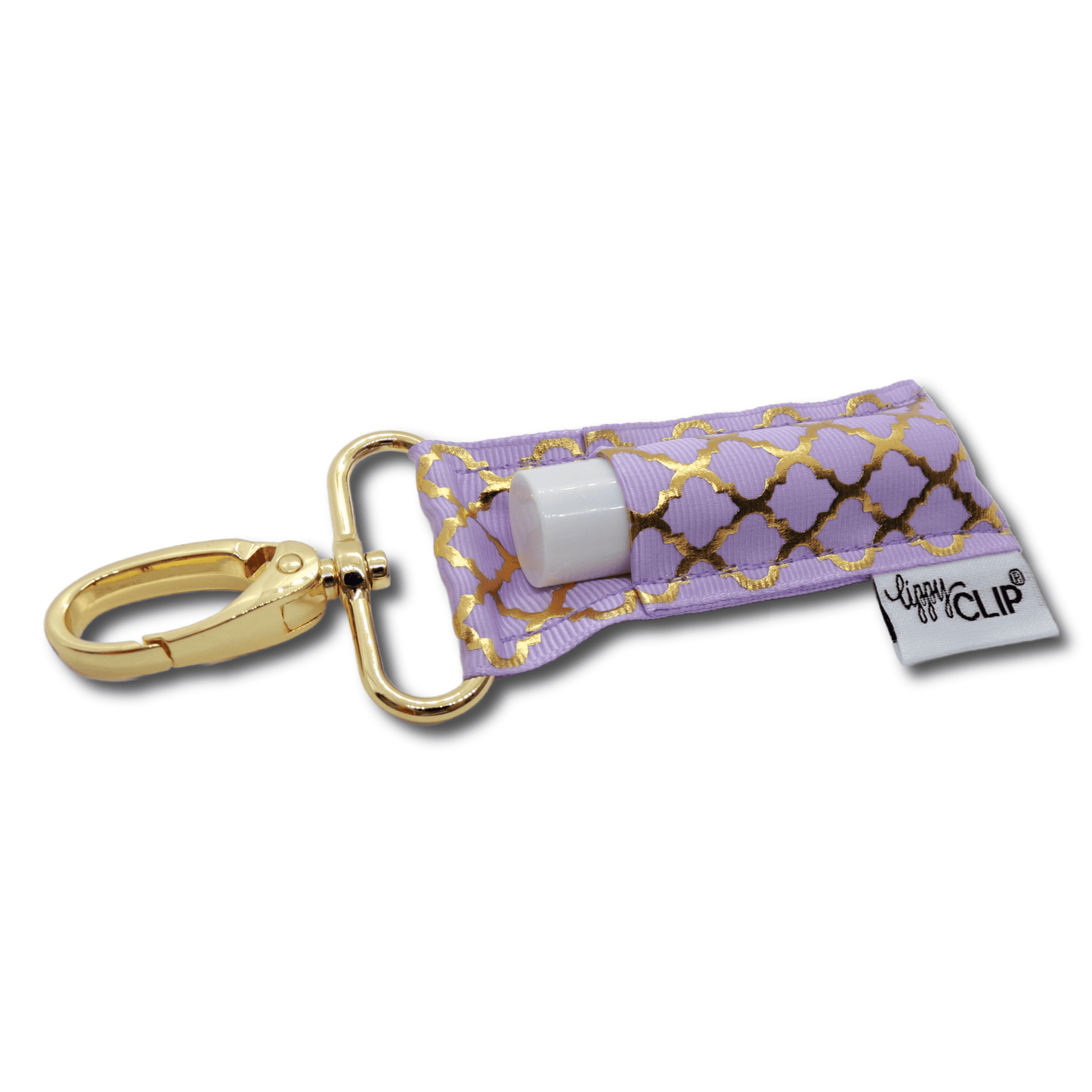 Gold Quatrefoil on Lavender LippyClip® Lip Balm Holder - Faith on the Road Tees