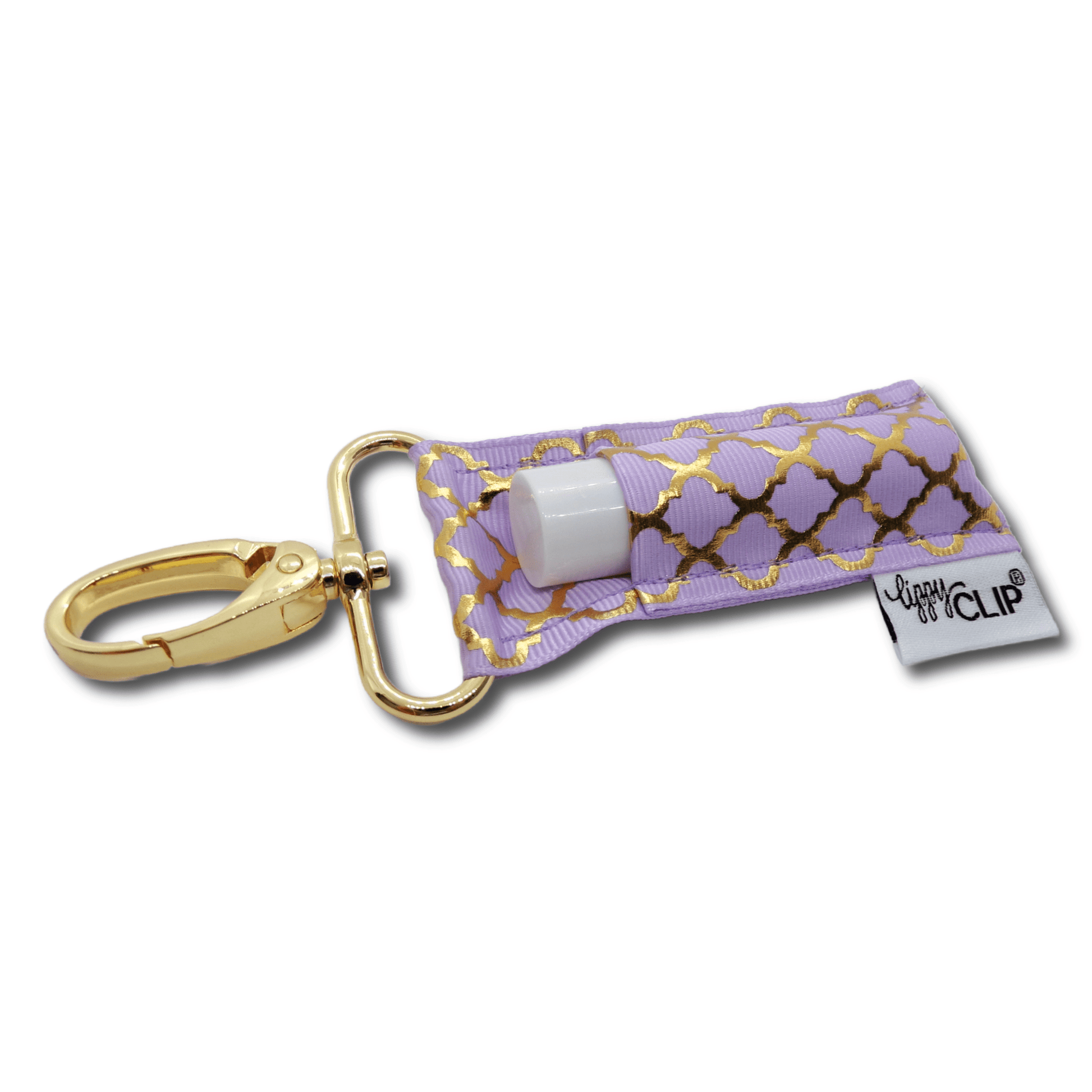 Gold Quatrefoil on Lavender LippyClip® Lip Balm Holder - Faith on the Road Tees