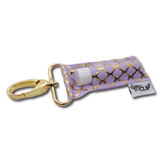 Gold Quatrefoil on Lavender LippyClip® Lip Balm Holder - Faith on the Road Tees