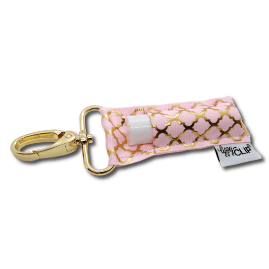 Gold Quatrefoil on Light Pink LippyClip® Lip Balm Holder - Faith on the Road Tees