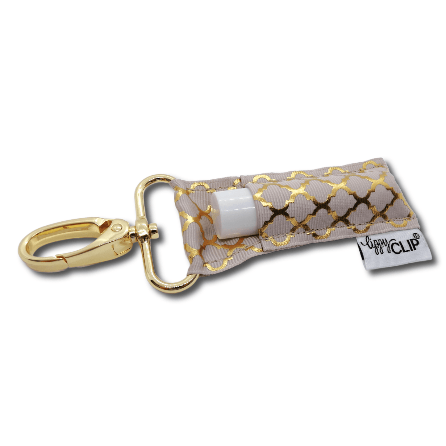 Gold Quatrefoil on Taupe LippyClip® Lip Balm Holder - Faith on the Road Tees